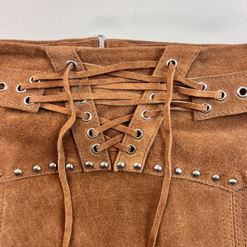 Muubaa 100% Suede Leather Mini Skirt Tan Western Boho Lace‎ Up Stud Detail Sz 10 - Picture 6 of 13